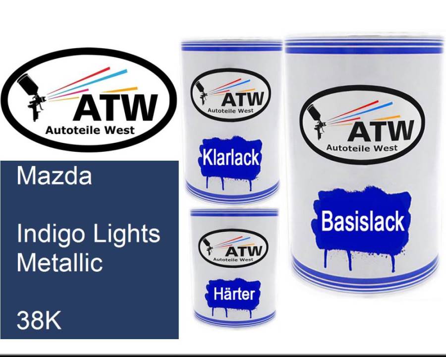 Mazda, Indigo Lights Metallic, 38K: 500ml Lackdose + 500ml Klarlack + 250ml Härter - Set, von ATW Autoteile West.